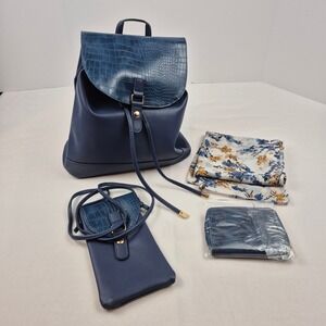 Blue Backpack Purse Set Vegan Leather Scarf Wallet Phone Crossbody NWOT Giftable